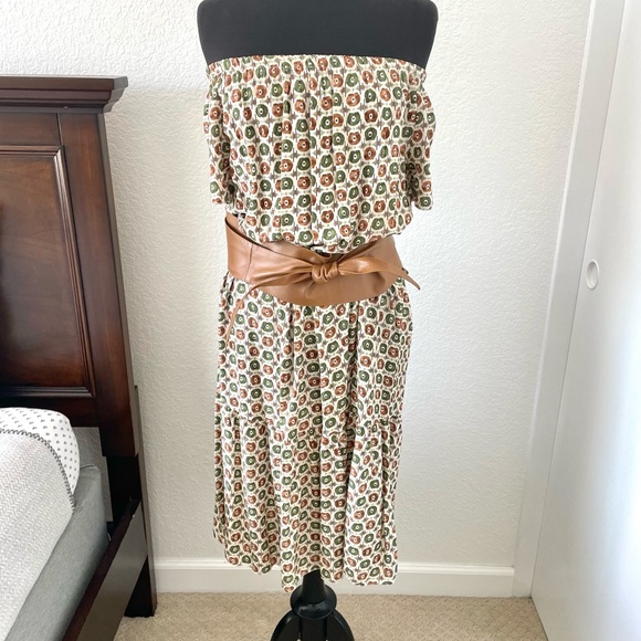 Off-Shoulder Italian Midi Peasant Dress w Faux Leather Belt - Picture 2 of 7